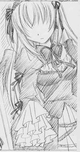 Rating: Safe Score: 0 Tags: 1girl dress frills greyscale hairband image long_hair long_sleeves monochrome ribbon simple_background solo suigintou traditional_media upper_body white_background wings User: admin