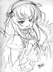 Rating: Safe Score: 0 Tags: 1girl dress flower frills greyscale hairband image long_hair long_sleeves looking_at_viewer monochrome rose shinku simple_background smile solo suigintou traditional_media upper_body wings User: admin