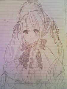 Rating: Safe Score: 0 Tags: 1girl dress hair_ribbon image long_hair looking_at_viewer monochrome ribbon shinku sketch solo traditional_media twintails very_long_hair User: admin