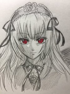 Rating: Safe Score: 0 Tags: 1girl closed_mouth flower graphite_(medium) hairband image lolita_hairband long_hair looking_at_viewer monochrome red_eyes red_rose ribbon rose simple_background solo suigintou traditional_media User: admin