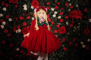 Rating: Safe Score: 0 Tags: 1girl blonde_hair blue_eyes dress flower lolita_fashion long_hair looking_at_viewer lying petals pink_rose red_dress red_flower red_rose rose rose_petals shinku solo thorns yellow_rose User: admin