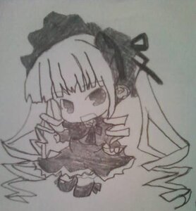 Rating: Safe Score: 0 Tags: 1girl boots chibi dress frills full_body image long_hair monochrome open_mouth photo shinku simple_background smile solo traditional_media User: admin