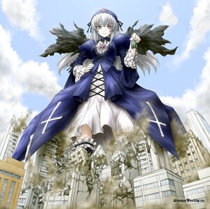 Rating: Safe Score: 0 Tags: 1girl black_wings building city cloud day destruction dress eichikei_(hakuto) flower frills giant giantess ground_vehicle hairband image kaijuu long_hair long_sleeves looking_at_viewer military military_vehicle motor_vehicle pink_eyes puffy_sleeves ribbon rose rozen_maiden silver_hair sky solo suigintou tank translated wings User: admin