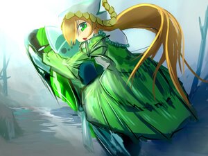 Rating: Safe Score: 0 Tags: 1girl blonde_hair braid dress green_dress green_eyes hair_over_one_eye image long_hair long_sleeves open_mouth solo suiseiseki very_long_hair water weapon User: admin