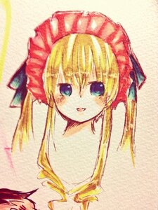 Rating: Safe Score: 0 Tags: 1girl :d blonde_hair blue_eyes blush bonnet image long_hair looking_at_viewer open_mouth shinku simple_background smile solo twintails upper_body User: admin