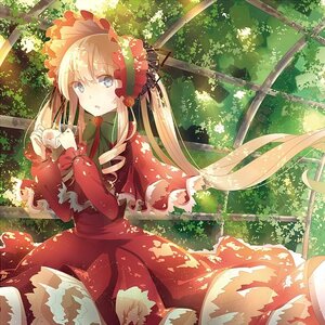 Rating: Safe Score: 0 Tags: 1girl blonde_hair blue_eyes blush bonnet bow capelet dress drill_hair forest holding image long_hair long_sleeves looking_at_viewer open_mouth red_capelet red_dress shinku solo sunlight tree User: admin