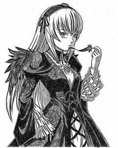 Rating: Safe Score: 0 Tags: 1girl cowboy_shot detached_collar dress flower frills greyscale hairband image long_hair long_sleeves looking_at_viewer monochrome rose simple_background solo standing suigintou very_long_hair white_background wings User: admin