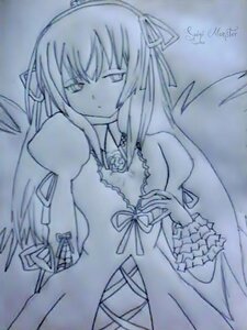 Rating: Safe Score: 0 Tags: 1girl bare_shoulders bouquet dress flower image jewelry long_hair monochrome ribbon rose solo suigintou traditional_media wings User: admin