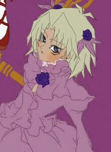 Rating: Safe Score: 0 Tags: 1girl barasuishou blonde_hair blue_eyes blush dress flower frills image long_sleeves purple_dress purple_flower rose short_hair simple_background solo User: admin