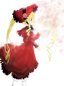 Rating: Safe Score: 0 Tags: 1girl blonde_hair blue_eyes bonnet bow dress flower image long_hair long_sleeves red_dress rose shinku solo standing twintails very_long_hair User: admin