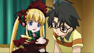 Rating: Safe Score: 0 Tags: 1boy 1girl black_hair blonde_hair blue_eyes bonnet bow bowtie dress glasses green_neckwear image long_hair long_sleeves open_mouth red_dress ribbon shinku sidelocks solo twintails User: admin