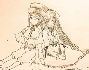 Rating: Safe Score: 0 Tags: 2girls blush capelet dress hat image long_hair long_sleeves looking_at_viewer monochrome multiple_girls neck_ribbon pair ribbon short_hair smile souseiseki suiseiseki User: admin