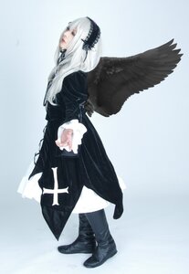 Rating: Safe Score: 0 Tags: 1girl angel_wings bangs black_footwear black_wings blue_background boots closed_mouth feathered_wings full_body gothic_lolita gradient gradient_background hairband lolita_fashion long_hair long_sleeves looking_at_viewer silver_hair solo standing suigintou white_hair wings User: admin