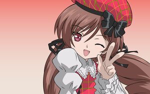 Rating: Safe Score: 0 Tags: 1girl ;d black_ribbon brown_hair dress hair_ribbon hat image lolita_fashion long_hair long_sleeves looking_at_viewer one_eye_closed open_mouth ribbon simple_background smile solo suiseiseki twintails v User: admin