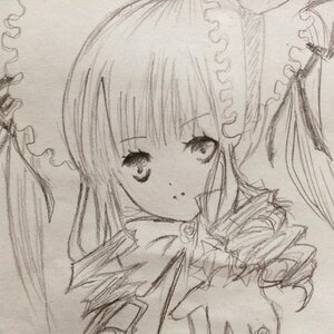 Rating: Safe Score: 0 Tags: 1girl bangs drill_hair flower frills graphite_(medium) greyscale image long_hair looking_at_viewer monochrome photo rose shinku simple_background sketch solo traditional_media twin_drills User: admin