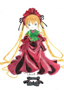 Rating: Safe Score: 0 Tags: 1girl black_footwear blonde_hair blue_eyes bonnet bow bowtie dress frills full_body green_bow image long_hair long_sleeves looking_at_viewer red_dress shinku shoes simple_background solo standing twintails white_background User: admin