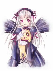 Rating: Safe Score: 0 Tags: 1girl black_wings dress frills hairband holding image lolita_hairband long_hair long_sleeves looking_at_viewer pink_eyes silver_hair smile solo suigintou white_background wings User: admin