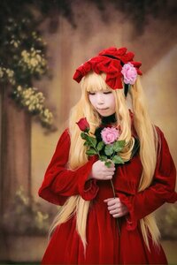 Rating: Safe Score: 0 Tags: 1girl bangs blonde_hair blurry closed_eyes dress flower hair_ornament holding long_hair long_sleeves red_dress red_flower rose shinku solo very_long_hair User: admin