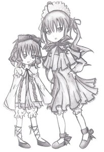 Rating: Safe Score: 0 Tags: 2girls :o bloomers bow dress full_body greyscale hinaichigo image long_sleeves looking_at_viewer monochrome multiple_girls pair shinku simple_background standing underwear white_background User: admin