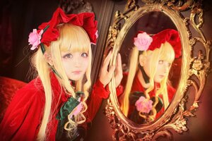 Rating: Safe Score: 0 Tags: 1girl bangs blonde_hair blue_eyes bow curtains flower hair_flower hair_ornament jewelry lips long_hair looking_at_viewer mirror realistic rose shinku solo User: admin