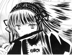 Rating: Safe Score: 0 Tags: 1girl blush closed_mouth greyscale hairband image long_hair looking_at_viewer monochrome ribbon simple_background smile solo suigintou User: admin