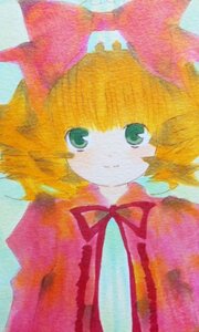 Rating: Safe Score: 0 Tags: 1girl bow closed_mouth green_eyes hinaichigo image looking_at_viewer red_bow ribbon short_hair simple_background smile solo traditional_media upper_body User: admin