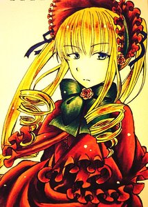 Rating: Safe Score: 0 Tags: 1girl blonde_hair blue_eyes bonnet bow bowtie dress drill_hair flower frills image long_hair long_sleeves looking_at_viewer rose shinku sidelocks simple_background solo traditional_media twin_drills twintails yellow_background User: admin