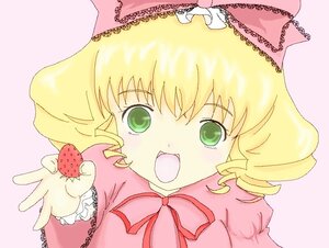 Rating: Safe Score: 0 Tags: 1girl blonde_hair dress drill_hair food fruit green_eyes hina_ichigo hinaichigo image long_sleeves open_mouth pink_background pink_bow ribbon solo strawberry upper_body User: admin