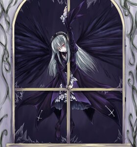 Rating: Safe Score: 0 Tags: 1girl black_wings cross dress flower frills hairband holding image lolita_hairband long_hair long_sleeves looking_at_viewer red_eyes rose silver_hair solo suigintou sword weapon wings User: admin