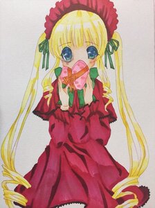 Rating: Safe Score: 0 Tags: 1girl blonde_hair blue_eyes blush bonnet bow box covering_mouth cowboy_shot dress drill_hair gift green_bow heart holding holding_gift image long_hair long_sleeves looking_at_viewer marker_(medium) red_dress ringlets shinku simple_background solo traditional_media twin_drills twintails valentine very_long_hair User: admin