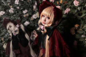 Rating: Safe Score: 0 Tags: 1girl bangs blonde_hair blue_eyes blurry bonnet depth_of_field doll dress flower lips long_hair realistic rose shinku solo umbrella upper_body white_flower User: admin