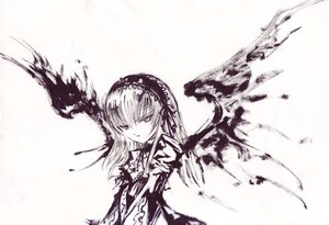 Rating: Safe Score: 0 Tags: 1girl dress feathers flower frills hairband image long_hair long_sleeves looking_at_viewer monochrome ribbon rose simple_background solo suigintou upper_body white_background wings User: admin