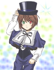 Rating: Safe Score: 0 Tags: 1girl blue_dress blush brown_hair dress frills green_eyes hat heterochromia image long_sleeves looking_at_viewer red_eyes ribbon short_hair solo souseiseki standing top_hat User: admin