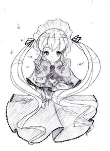 Rating: Safe Score: 0 Tags: 1girl bonnet dress greyscale image long_hair long_sleeves looking_at_viewer monochrome shinku simple_background smile solo twintails very_long_hair white_background User: admin