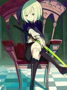 Rating: Safe Score: 0 Tags: 1girl blonde_hair boots checkered checkered_floor crossed_legs enju_maiden green_eyes katana keikoutou konpaku_youmu sheath sheathed short_hair sitting smile solo sword weapon User: admin