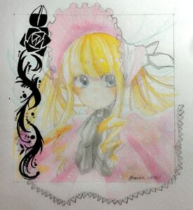 Rating: Safe Score: 0 Tags: 1girl bangs blonde_hair blue_eyes bonnet drill_hair flower image lolita_fashion long_hair looking_at_viewer marker_(medium) photo rose shinku simple_background solo traditional_media watercolor_(medium) User: admin