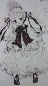 Rating: Safe Score: 0 Tags: 1girl bangs bonnet dress full_body image lolita_fashion long_hair long_sleeves looking_at_viewer monochrome photo shinku smile solo standing traditional_media twintails very_long_hair User: admin