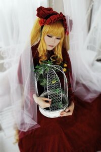 Rating: Safe Score: 0 Tags: 1girl bangs birdcage blonde_hair blurry blurry_background cage closed_eyes curtains depth_of_field dress long_hair red_dress shinku sitting solo User: admin