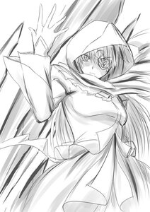 Rating: Safe Score: 0 Tags: 1girl barasuishou breasts closed_mouth dress eyepatch greyscale hood image long_hair long_sleeves looking_at_viewer monochrome solo striped User: admin