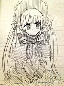 Rating: Safe Score: 0 Tags: 1girl blush bonnet bowtie dress flower hat image long_hair long_sleeves looking_at_viewer monochrome rose shinku simple_background solo tears twin_drills twintails very_long_hair User: admin