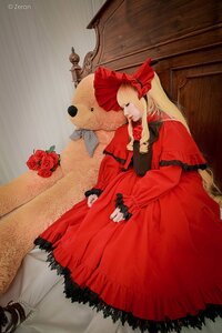 Rating: Safe Score: 0 Tags: 1girl blonde_hair bonnet bow closed_eyes dress flower long_hair long_sleeves red_dress red_flower red_rose rose shinku solo stuffed_animal User: admin