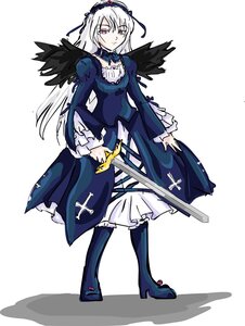Rating: Safe Score: 0 Tags: 1girl auto_tagged black_wings boots dress flower frills full_body hairband holding holding_weapon image lolita_hairband long_hair long_sleeves looking_at_viewer ribbon silver_hair solo standing suigintou sword weapon white_hair wings User: admin