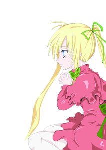 Rating: Safe Score: 0 Tags: 1girl blonde_hair blue_eyes bow crying dress from_side hair_ribbon image long_sleeves pink_dress profile ribbon shinku sitting solo striped tears twintails vertical_stripes white_background User: admin