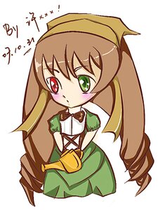 Rating: Safe Score: 0 Tags: 1girl blush brown_hair chibi dress drill_hair green_dress green_eyes head_scarf heterochromia image long_hair red_eyes simple_background solo suiseiseki very_long_hair white_background User: admin