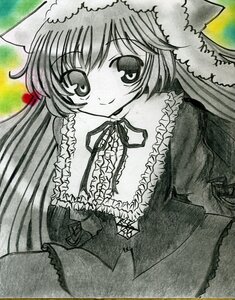 Rating: Safe Score: 0 Tags: 1girl dress frills greyscale hat image long_hair long_sleeves looking_at_viewer marker_(medium) monochrome ribbon smile solo suiseiseki traditional_media very_long_hair User: admin