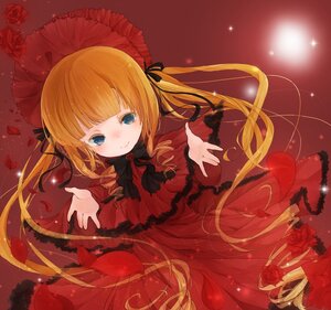 Rating: Safe Score: 0 Tags: 1girl blonde_hair blue_eyes blush bow dress flower image long_hair petals red_dress red_flower red_rose ribbon rose rose_petals shinku smile solo twintails User: admin