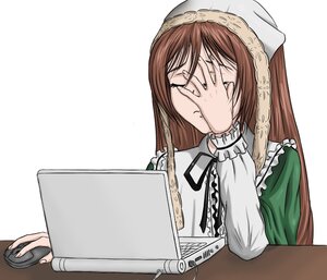 Rating: Safe Score: 0 Tags: 1girl blush brown_hair closed_eyes covering_face dress food green_dress holding image long_hair long_sleeves simple_background solo suiseiseki table white_background User: admin