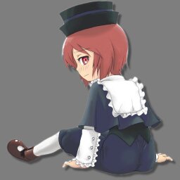 Rating: Safe Score: 0 Tags: 1girl full_body hat image long_sleeves looking_at_viewer looking_back red_eyes red_hair short_hair sitting solo souseiseki transparent_background User: admin