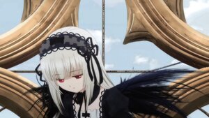 Rating: Safe Score: 0 Tags: 1girl bangs black_ribbon black_wings detached_collar dress flower frills hairband image long_hair long_sleeves red_eyes ribbon rose silver_hair sky solo suigintou wings User: admin