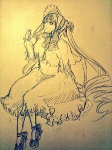 Rating: Safe Score: 0 Tags: 1girl auto_tagged bonnet bow capelet dress frills full_body high_heels image long_hair long_sleeves looking_at_viewer monochrome shinku solo standing traditional_media twintails User: admin